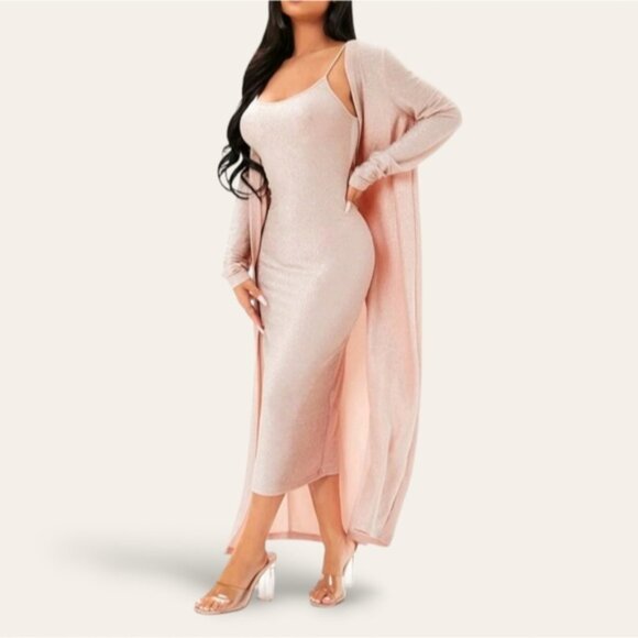 Shimmer Spaghetti Midi Dress in Peach Pink- Size Small- NWOT - Picture 3 of 10